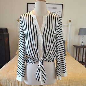 Vince Camuto Black and White Striped Tie-Front Button-Down Shirt